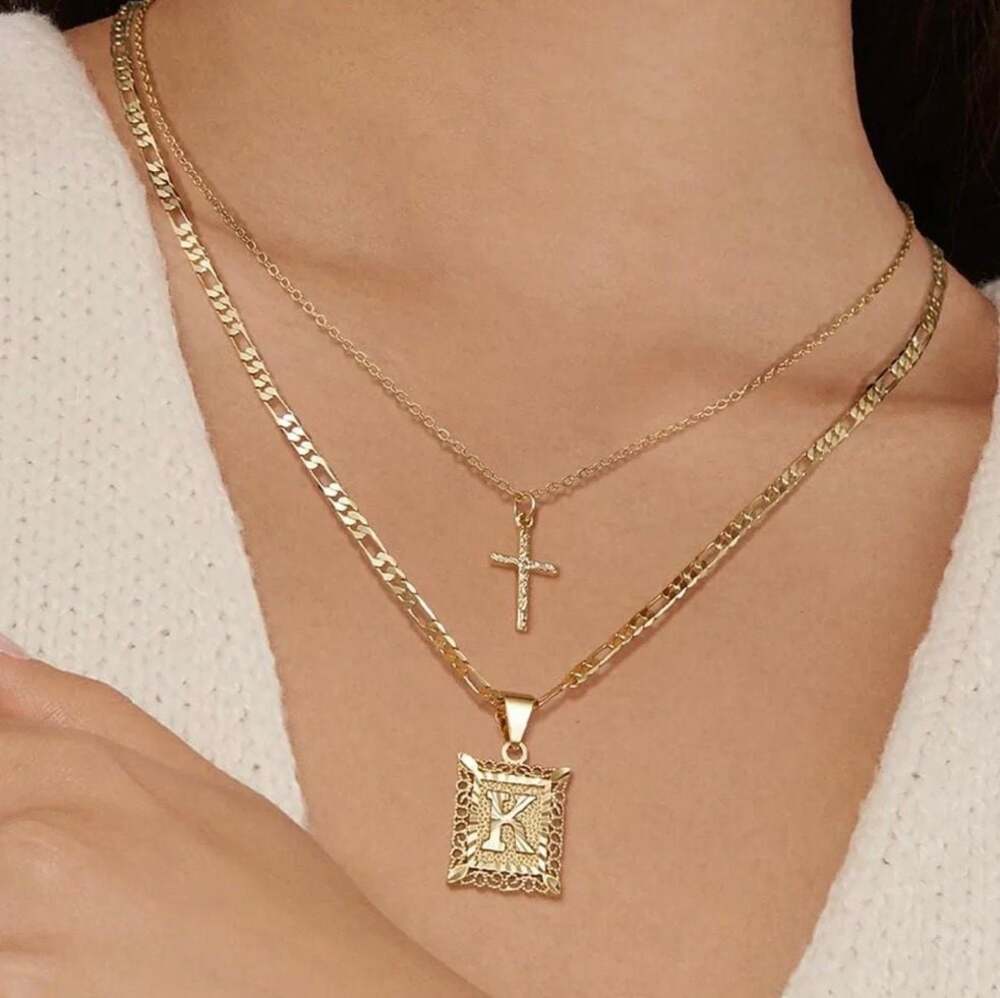 2pc 14k Gold Plated Initial & Cross Layered Necklace Set - LETTER C